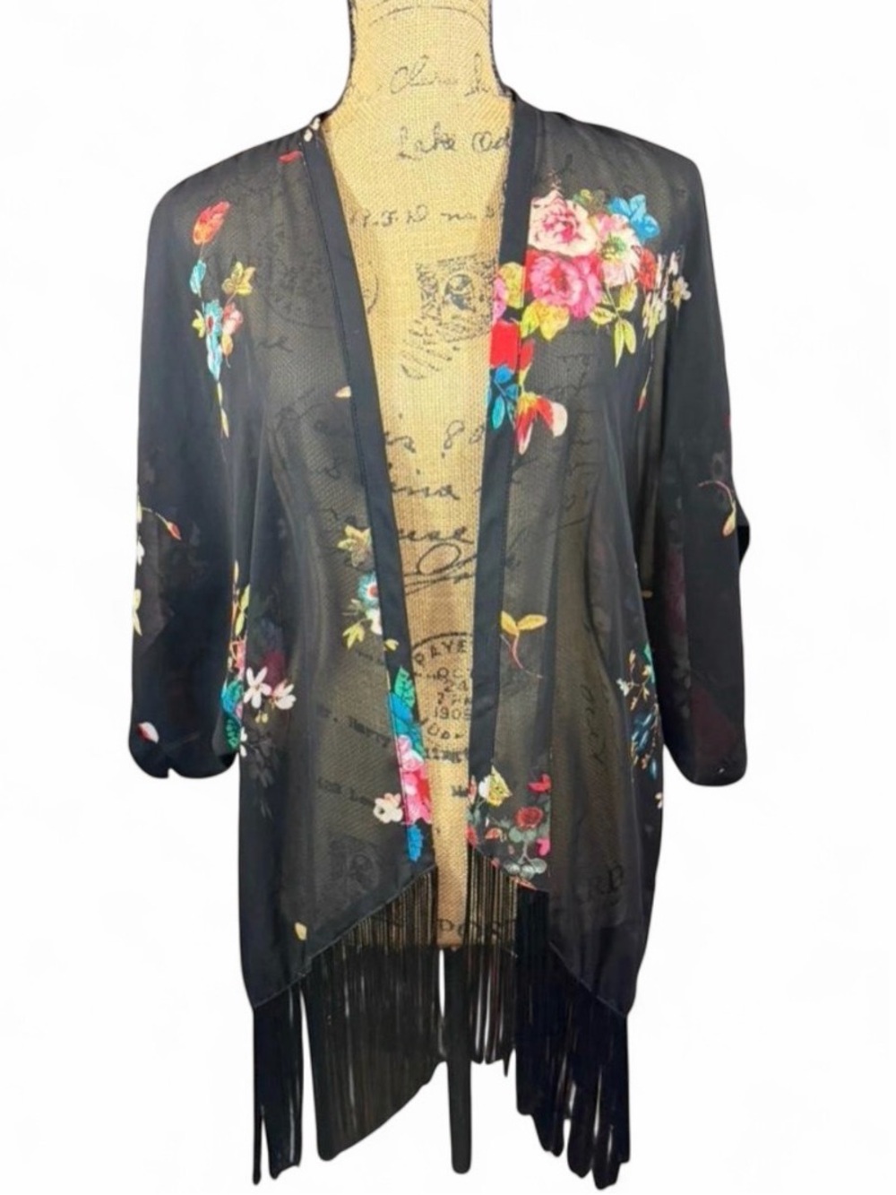 Xhilaration Floral Fringe Kimono Cardigan Boho Sheer Open Front Cover Up S/M